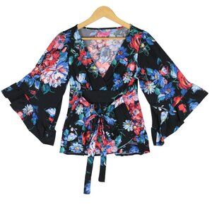 Betsey Johnson Floral Blouse Top Women's Small Kimono Sleeve Deep V Neck Belted